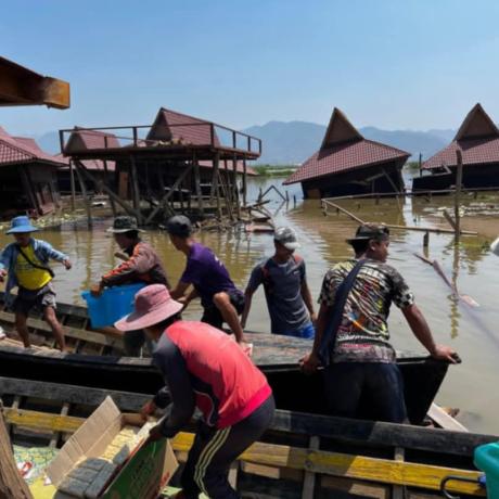 Community based organisations in Myanmar's Inle Lake prepare boats to deliver emergency aid to people living on the lake following the earthquake that struck on 28 March.